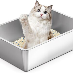 Kirecoo Stainless Steel Cat Litter Box, Large Metal High Sided Cat Pan Box, Indoor Litter Tray, Non Stick, No Smell, Easy to Clean, Pet Toilet Supplies for Cats
