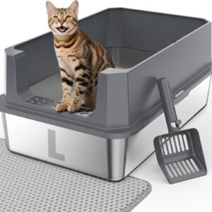 FURTIME Stainless Steel Litter Box with Lid, Large Metal Cat Litter Box for Big Cat, Large Cat Box High Sided with Non-Stick, Odor-Resistant, Anti-Urine Leakage, Easy Cleaning, Includes Scoop and Mat